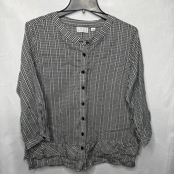 Women’s Joan Rivers Black White Plaid Ruffle Quarter Sleeve Button Down Shirt 8 - Picture 1 of 7